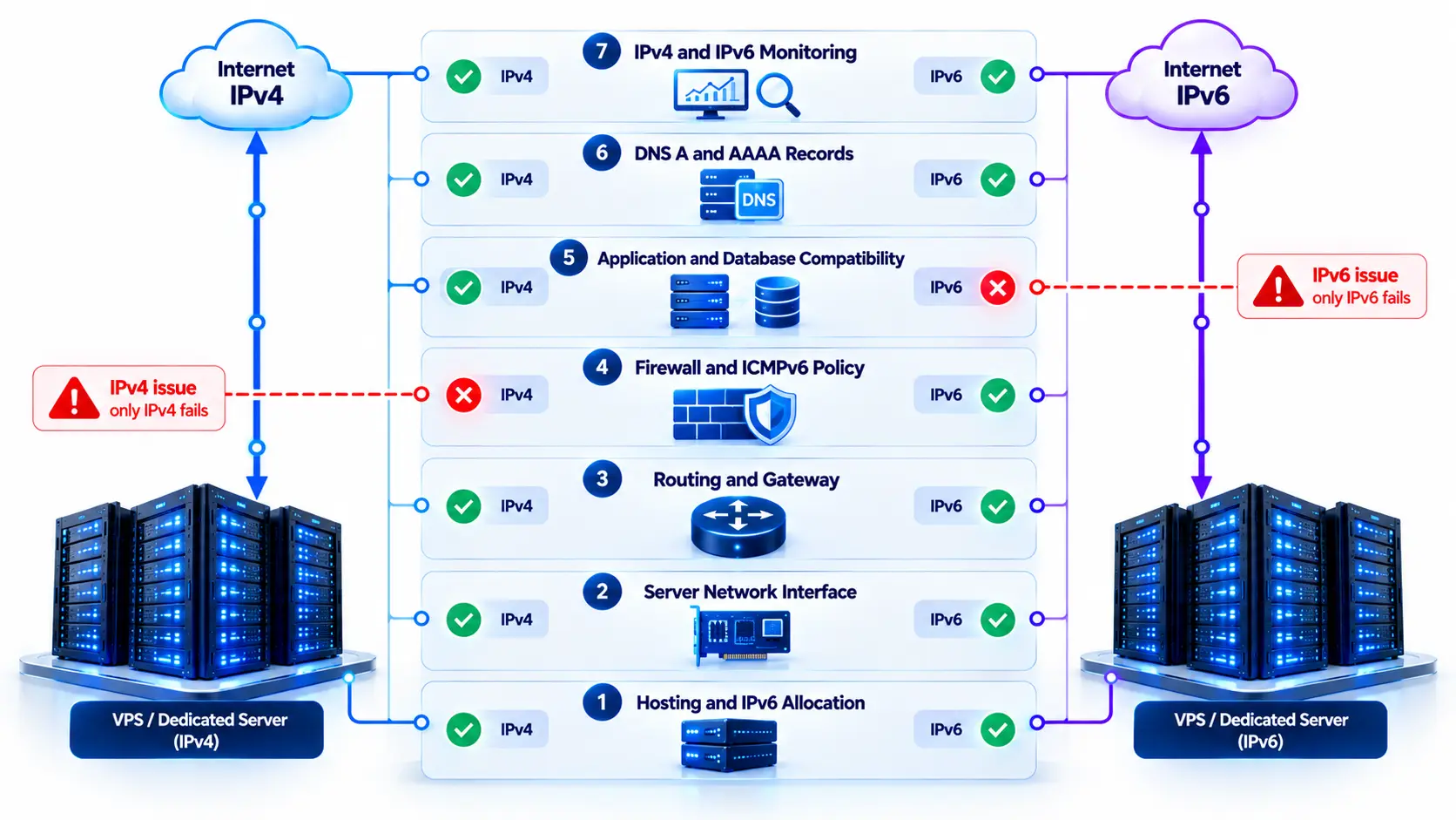 Dual-stack production readiness layers for IPv4 and IPv6 hosting